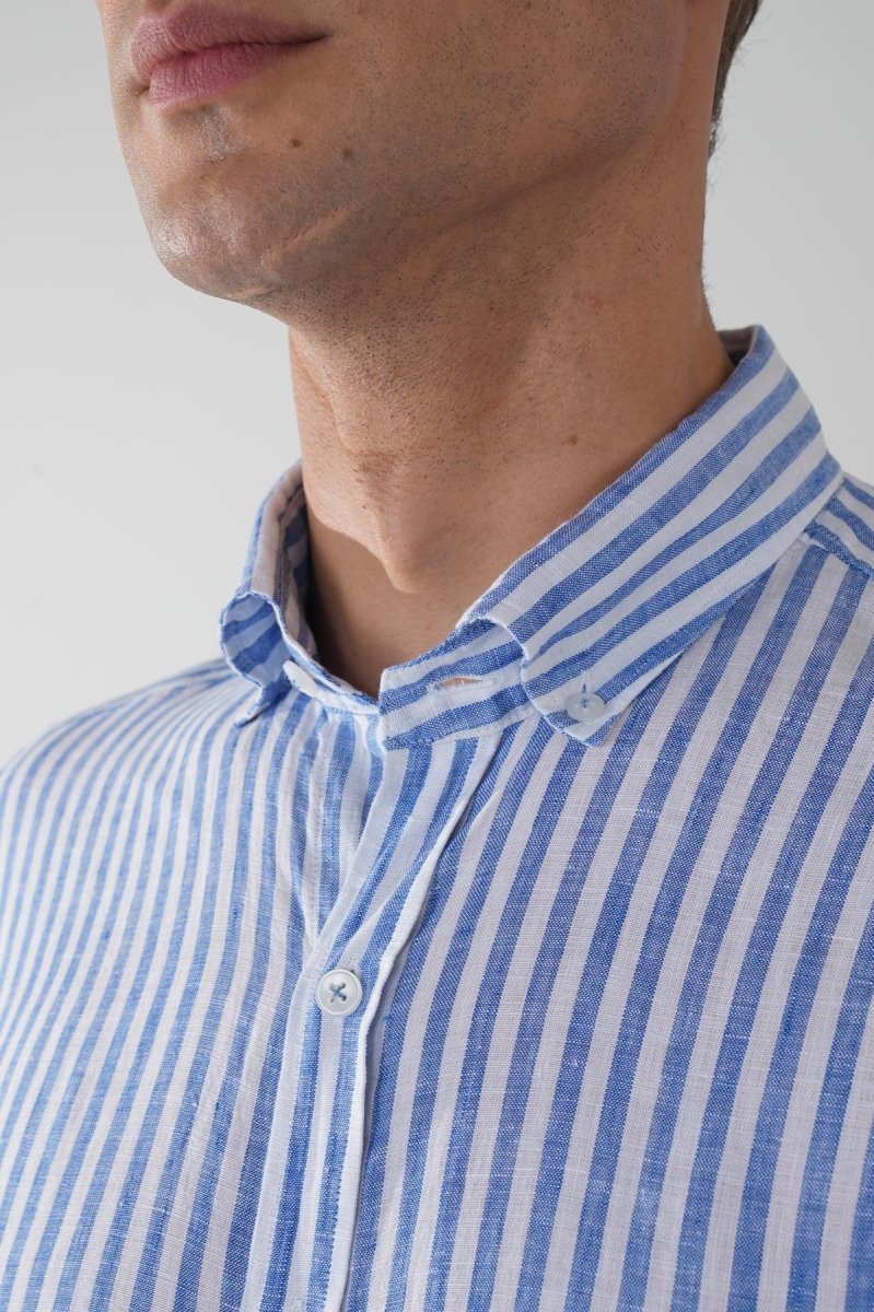 Uzun Kollu Paşa Yaka Cepsiz Sedef Düğmeli Erkek Keten Gömlek Lacivert (1)