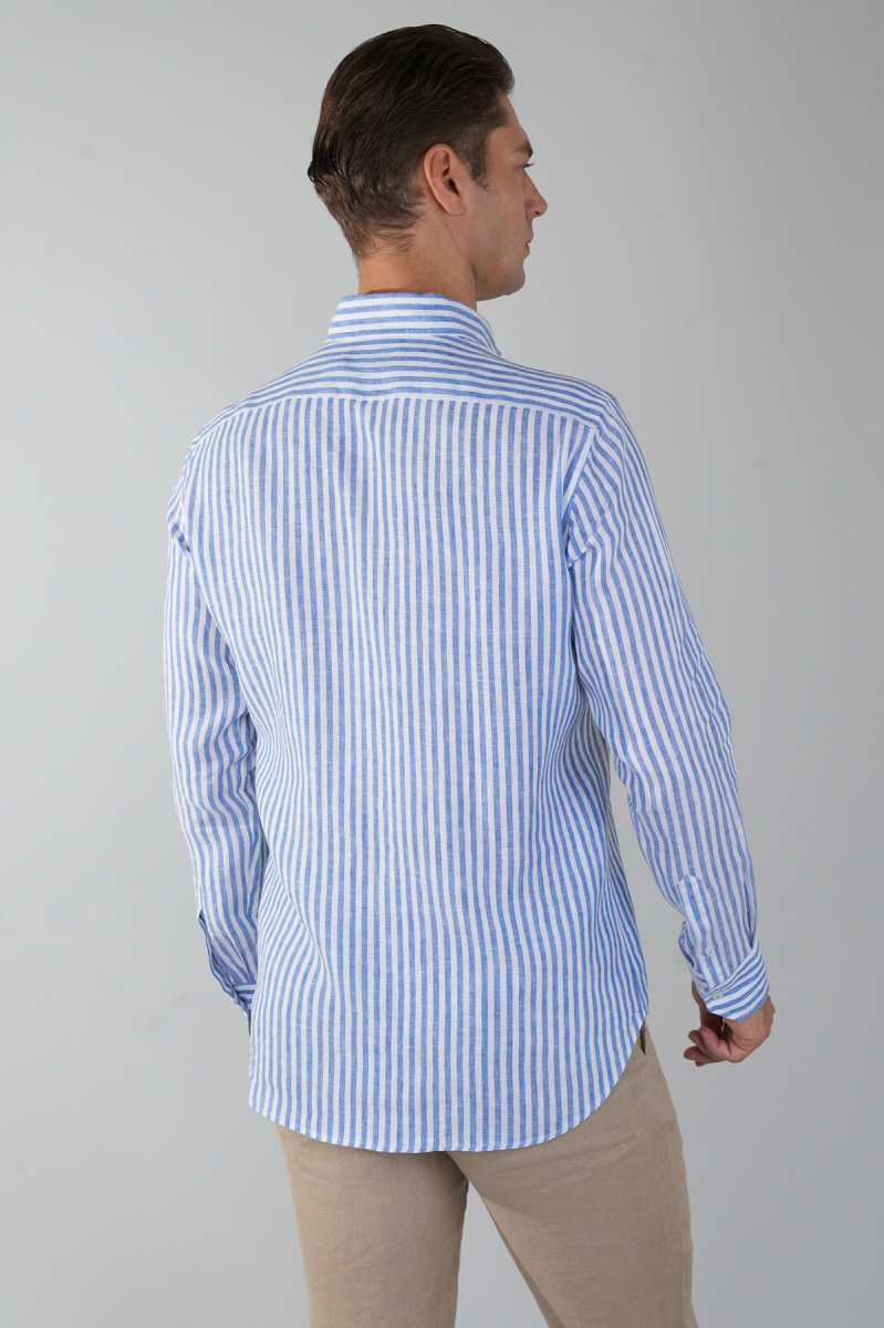 Uzun Kollu Paşa Yaka Cepsiz Sedef Düğmeli Erkek Keten Gömlek Lacivert - 4