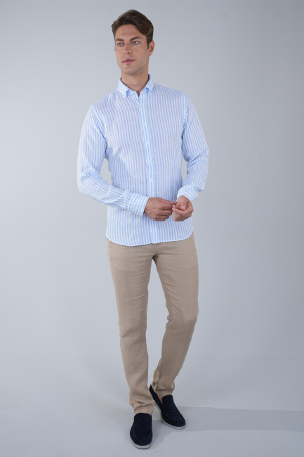 Uzun Kollu Paşa Yaka Cepsiz Sedef Düğmeli Erkek Keten Gömlek Mavi - 5