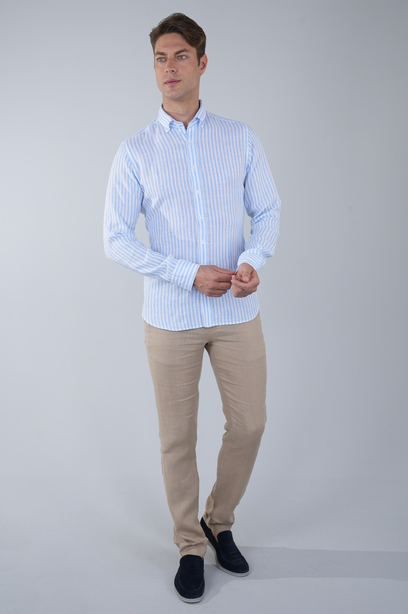 Uzun Kollu Paşa Yaka Cepsiz Sedef Düğmeli Erkek Keten Gömlek Mavi - 5