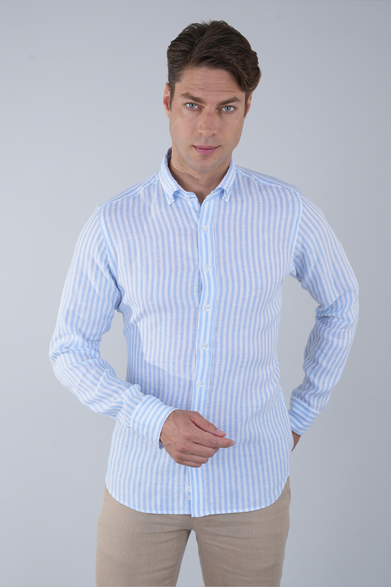 Uzun Kollu Paşa Yaka Cepsiz Sedef Düğmeli Erkek Keten Gömlek Mavi