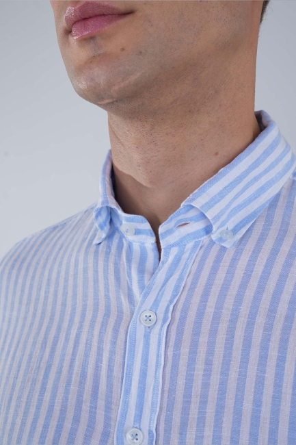 Uzun Kollu Paşa Yaka Cepsiz Sedef Düğmeli Erkek Keten Gömlek Mavi - 3