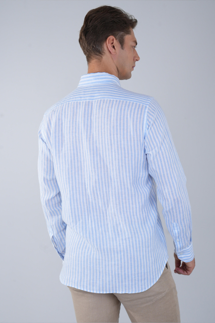 Uzun Kollu Paşa Yaka Cepsiz Sedef Düğmeli Erkek Keten Gömlek Mavi - 2