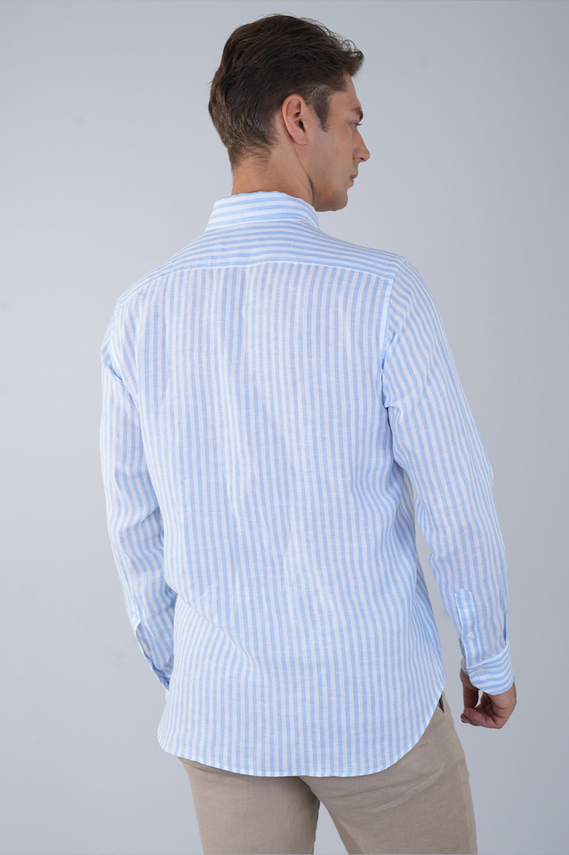 Uzun Kollu Paşa Yaka Cepsiz Sedef Düğmeli Erkek Keten Gömlek Mavi (1)