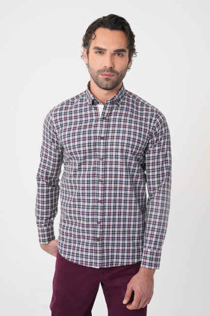 Uzun Kollu Paşa Yaka Regular Fit Erkek Bordo Gömlek (1)