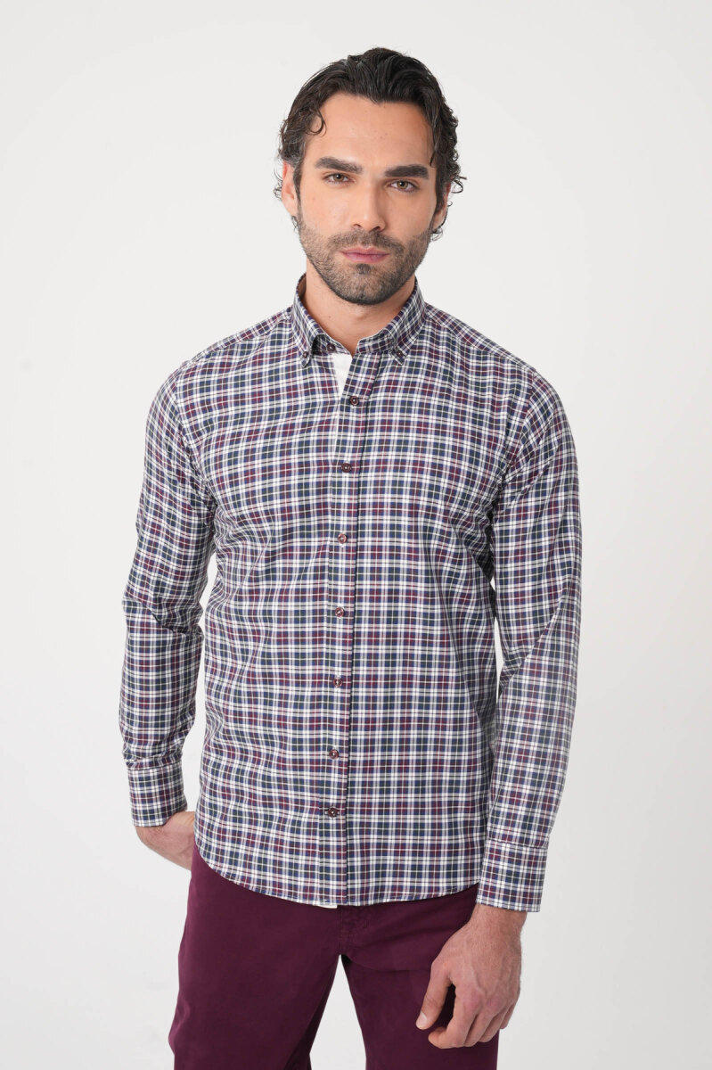 Uzun Kollu Paşa Yaka Regular Fit Erkek Bordo Gömlek (1)