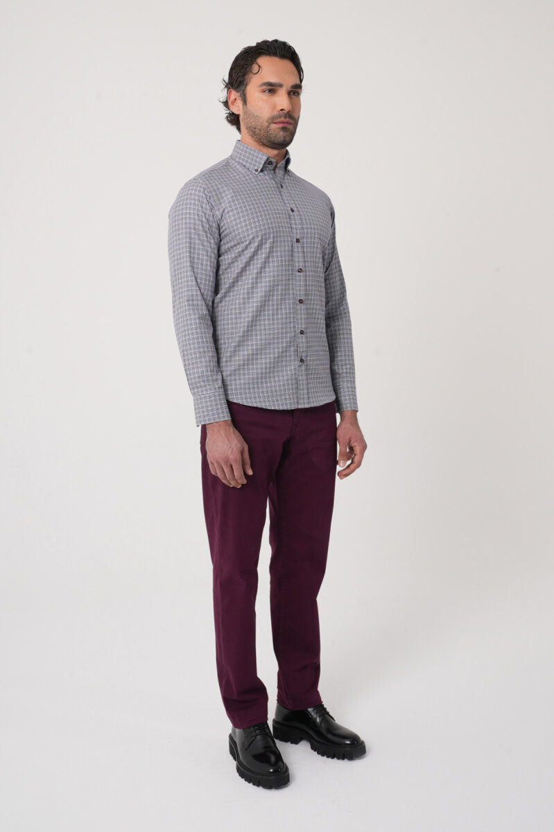 Uzun Kollu Paşa Yaka Regular Fit Erkek Gri Gömlek - 4