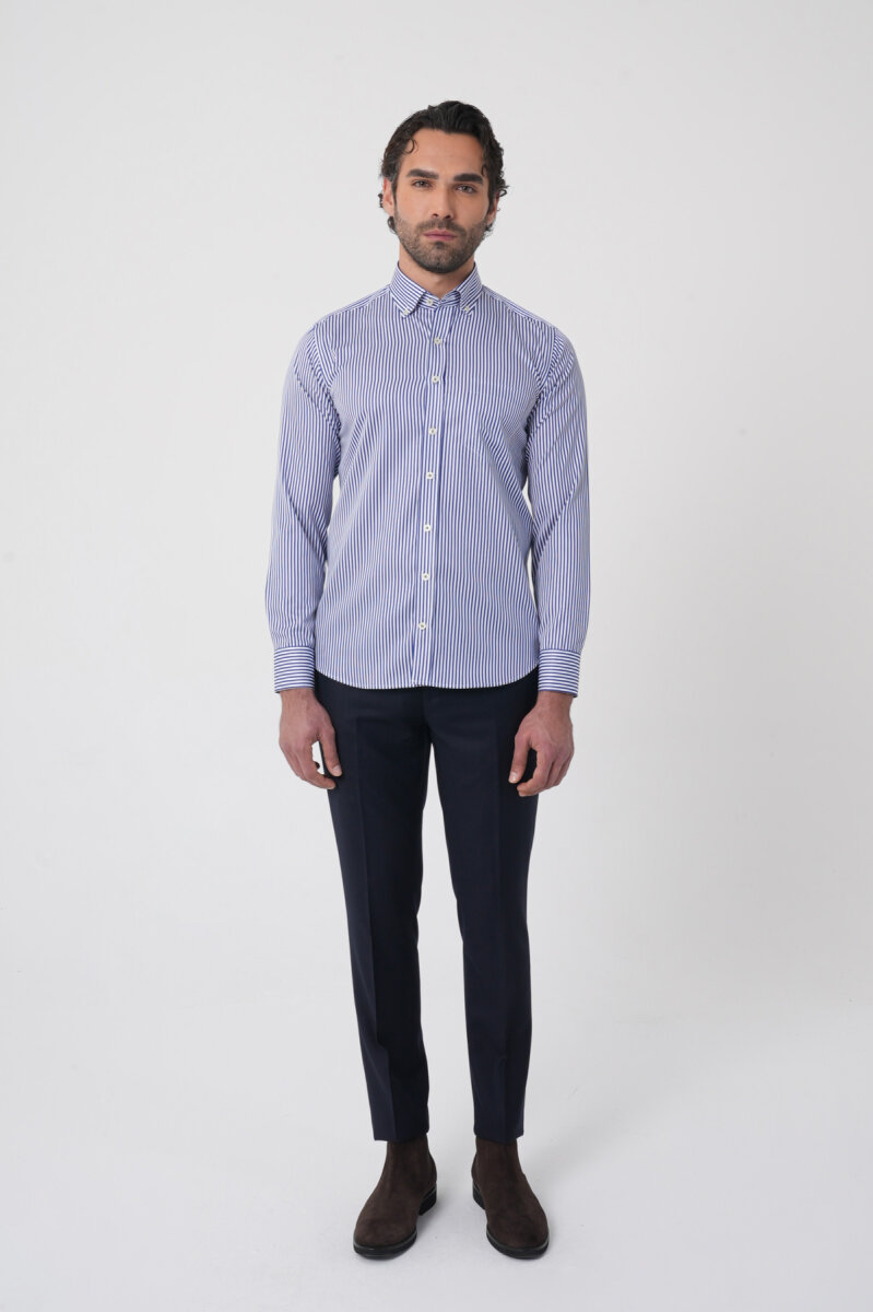 Uzun Kollu Paşa Yaka Regular Fit Erkek Lacivert Gömlek - 3