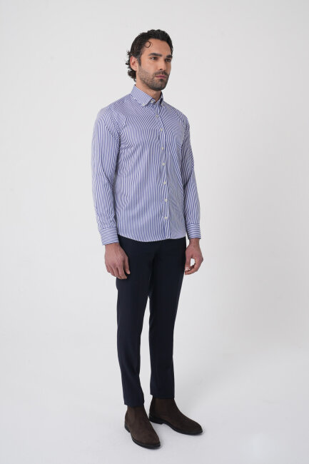 Uzun Kollu Paşa Yaka Regular Fit Erkek Lacivert Gömlek - 4