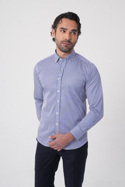 Uzun Kollu Paşa Yaka Regular Fit Erkek Lacivert Gömlek (1)