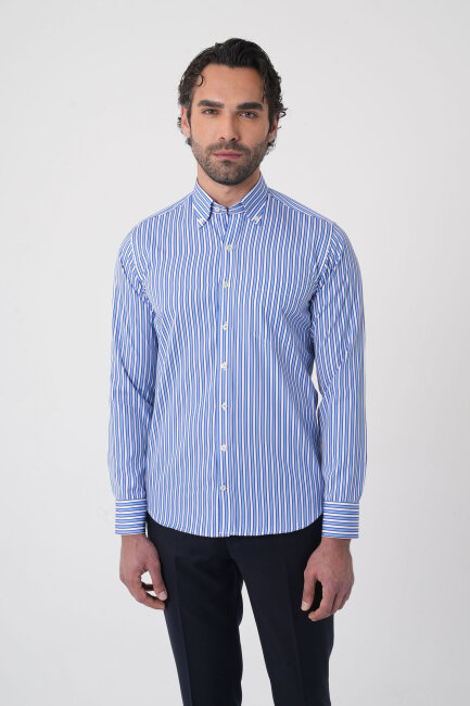 Uzun Kollu Paşa Yaka Regular Fit Erkek Mavi Cepli Gömlek - 4