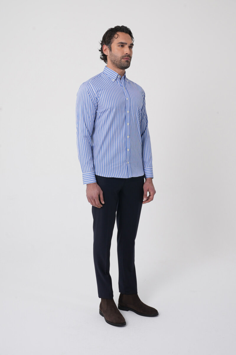 Uzun Kollu Paşa Yaka Regular Fit Erkek Mavi Cepli Gömlek - 5