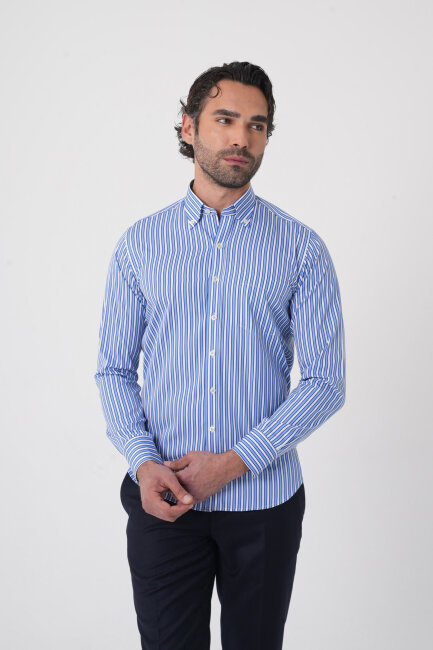 Uzun Kollu Paşa Yaka Regular Fit Erkek Mavi Cepli Gömlek (1)