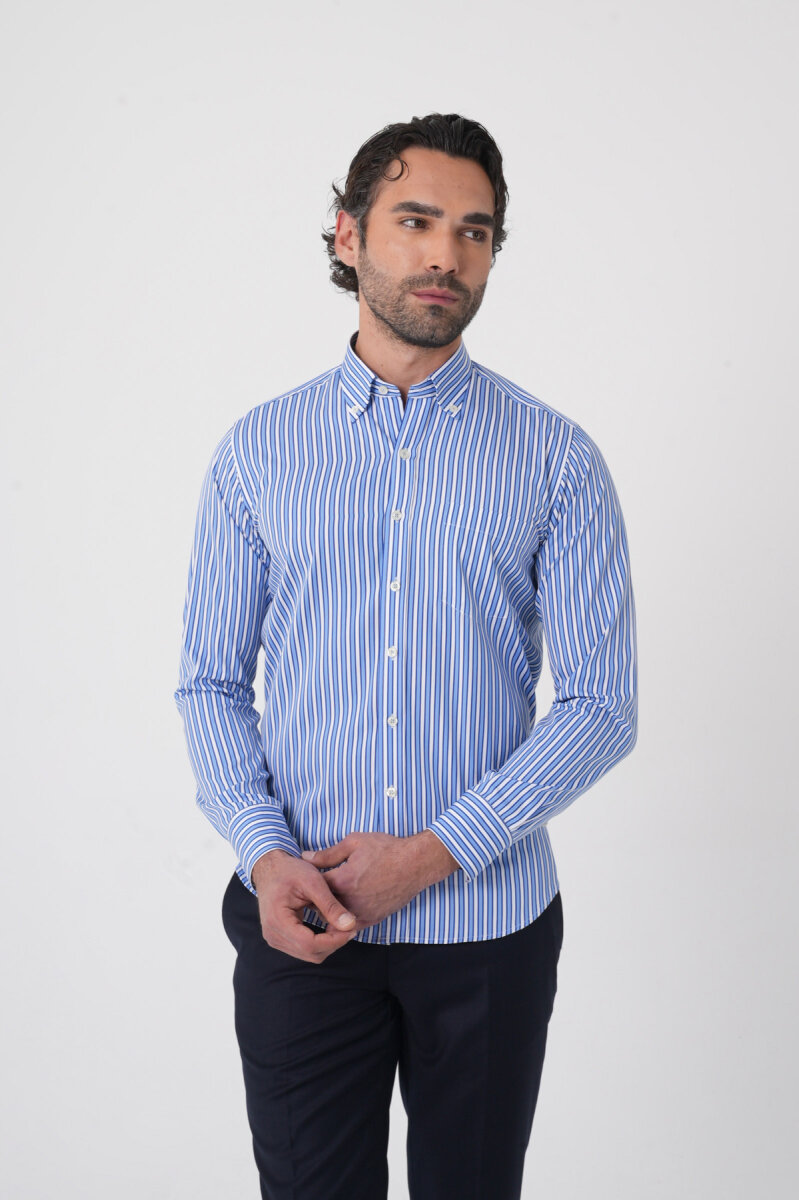 Uzun Kollu Paşa Yaka Regular Fit Erkek Mavi Cepli Gömlek (1)