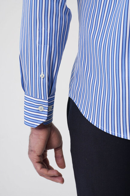 Uzun Kollu Paşa Yaka Regular Fit Erkek Mavi Cepli Gömlek - 8