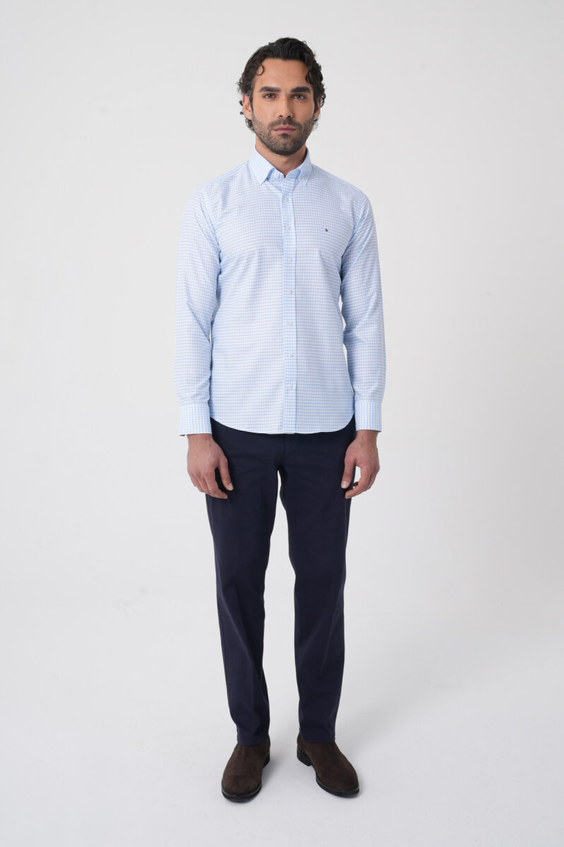 Uzun Kollu Paşa Yaka Regular Fit Erkek Mavi Gömlek - 3