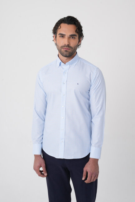 Uzun Kollu Paşa Yaka Regular Fit Erkek Mavi Gömlek - 1