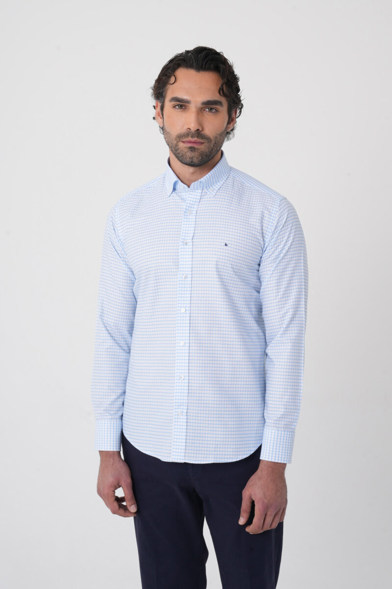 Uzun Kollu Paşa Yaka Regular Fit Erkek Mavi Gömlek