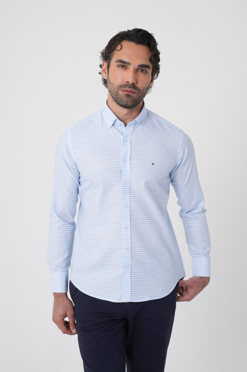 Uzun Kollu Paşa Yaka Regular Fit Erkek Mavi Gömlek (1)