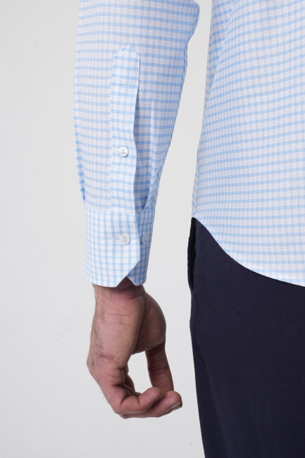 Uzun Kollu Paşa Yaka Regular Fit Erkek Mavi Gömlek - 7