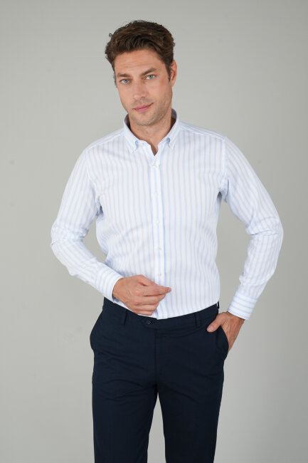 Uzun Kollu Regular Fit Çizgili Erkek Mavi Gömlek - 1