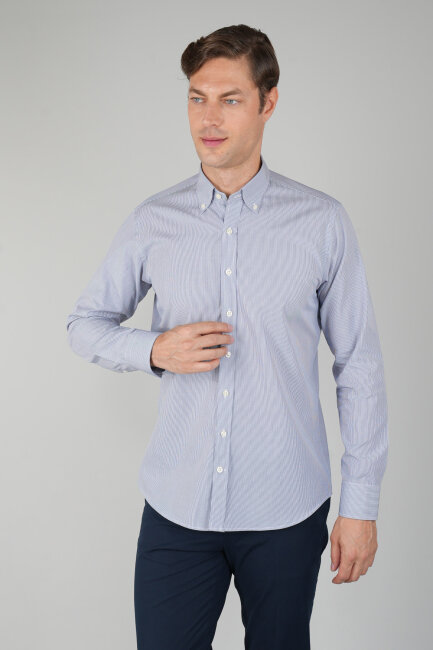 Uzun Kollu Regular Fit Erkek Çizgili Lacivert Gömlek