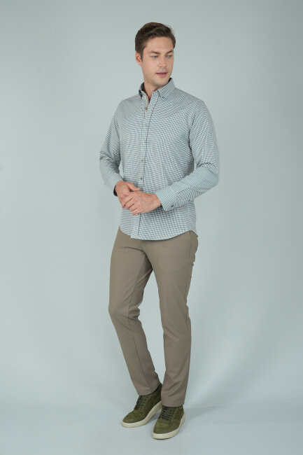 Uzun Kollu Regular Fit Yeşil Çizgili Erkek Pamuk Gömlek - 5