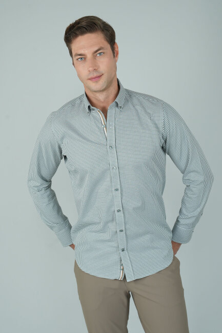 Uzun Kollu Regular Fit Yeşil Çizgili Erkek Pamuk Gömlek