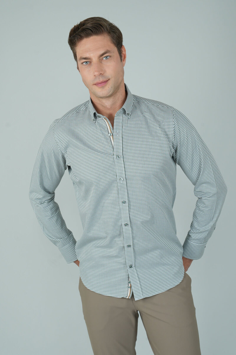 Uzun Kollu Regular Fit Yeşil Çizgili Erkek Pamuk Gömlek - 1