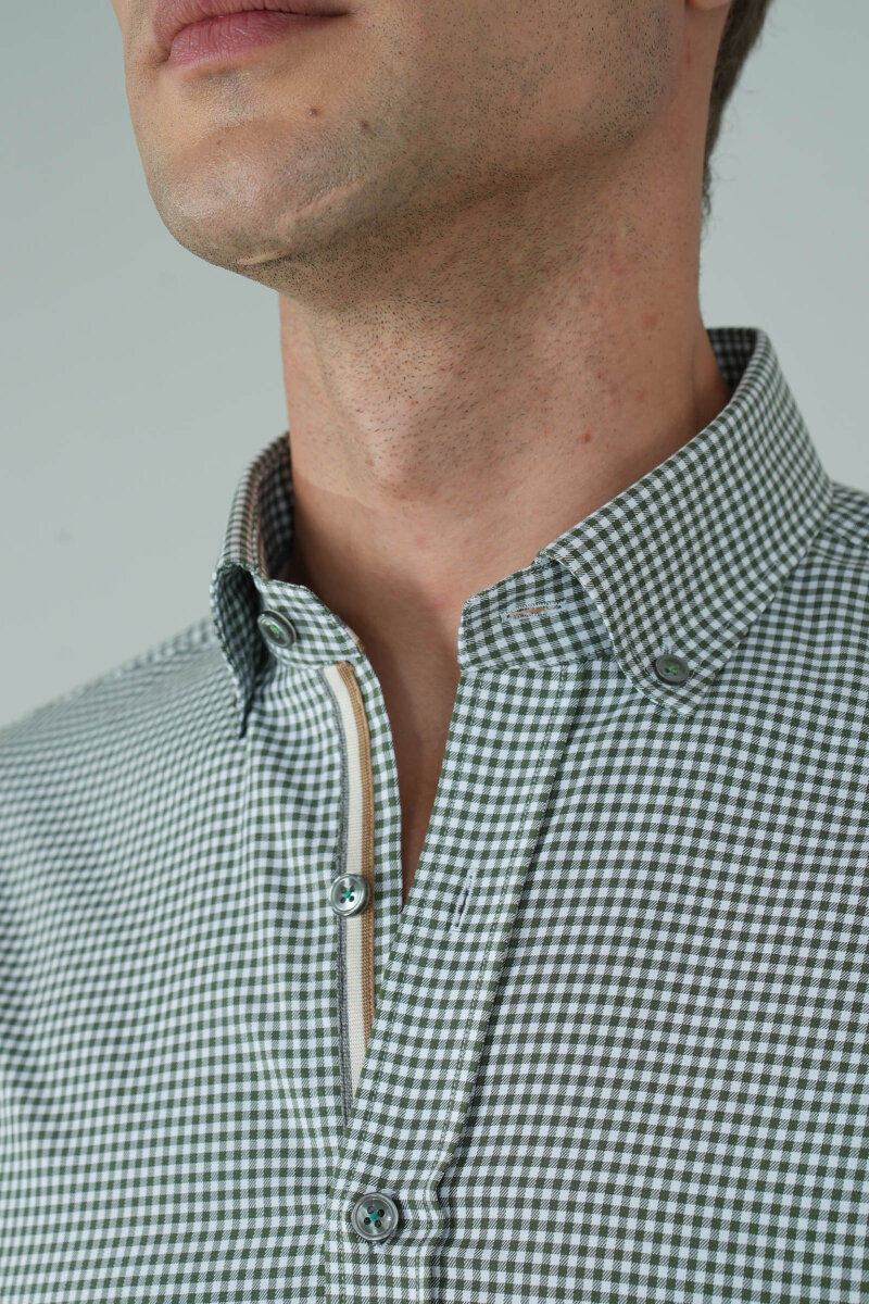 Uzun Kollu Regular Fit Yeşil Çizgili Erkek Pamuk Gömlek - 3