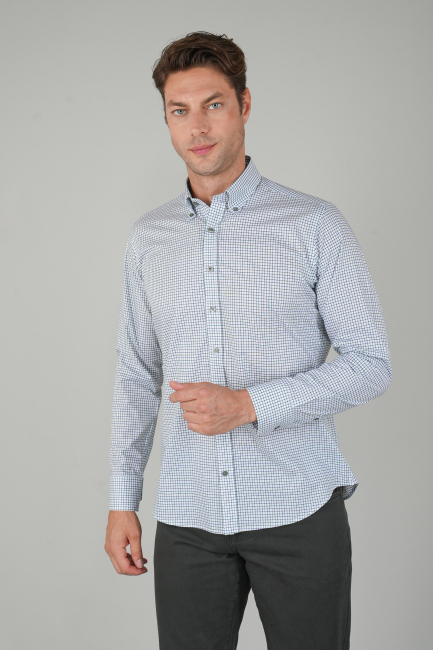 Yeşil Kareli Regular Fit Erkek Pamuk Gömlek - 1
