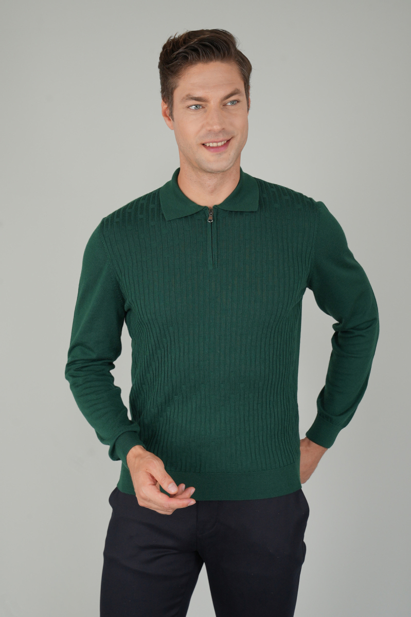Yeşil Polo Yaka Fermuarlı Ön Jakar Yün Erkek Triko
