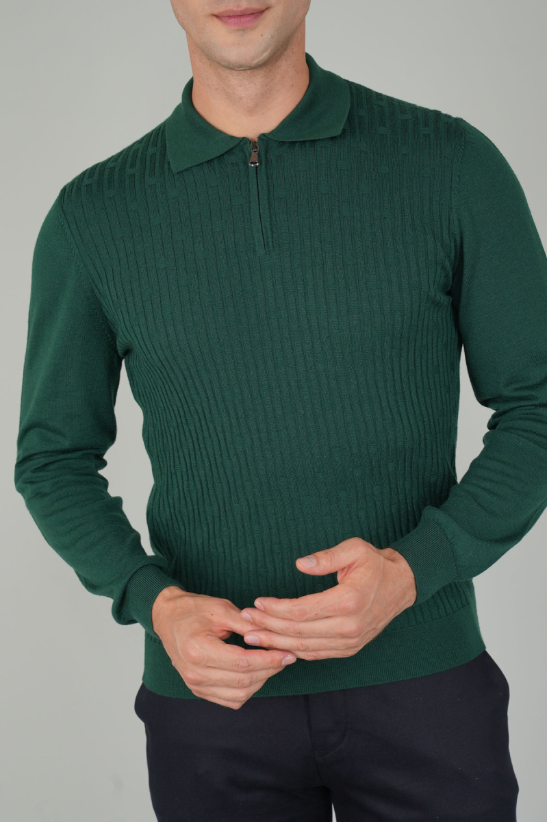 Yeşil Polo Yaka Fermuarlı Ön Jakar Yün Erkek Triko - 5