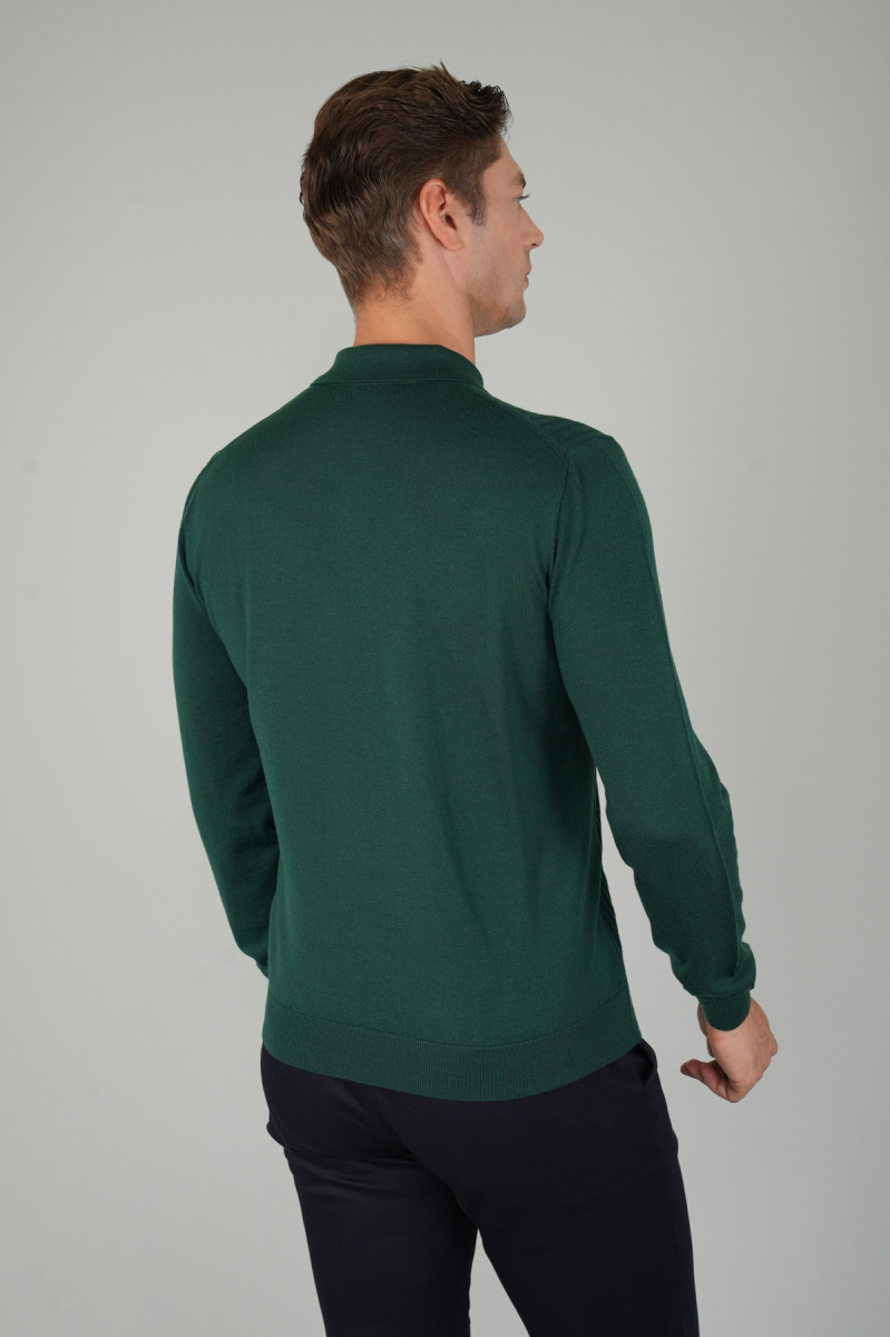 Yeşil Polo Yaka Fermuarlı Ön Jakar Yün Erkek Triko (1)